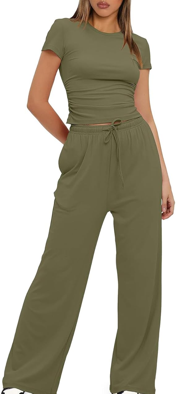Women 2 Piece Set Outfit Summer Casual Tracksuit Short Sleeve Crop Tops and Drawstring High Elastic Waisted Wide Leg Pants Tracksuit Yoga Joggers Suit Lounge Wear Full Sets