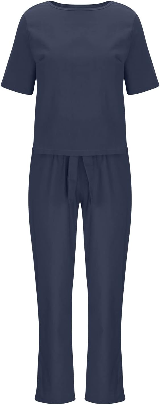 Two Piece Outfits Women Summer Tracksuits Linen Lounge Wear Sets Ladies Co Ords Round Neck Short Sleeve Tops and Trousers 2 Piece Jogger Outfit Casual Suit Vacation Travel Outfits Holiday Clothes