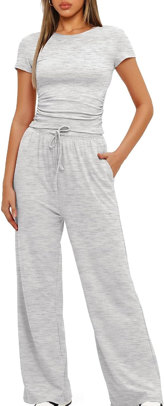 Women 2 Piece Set Outfit Summer Casual Tracksuit Short Sleeve Crop Tops and Drawstring High Elastic Waisted Wide Leg Pants Tracksuit Yoga Joggers Suit Lounge Wear Full Sets