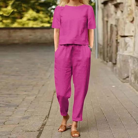 Two Piece Outfits Women Summer Tracksuits Linen Lounge Wear Sets Ladies Co Ords Round Neck Short Sleeve Tops and Trousers 2 Piece Jogger Outfit Casual Suit Vacation Travel Outfits Holiday Clothes