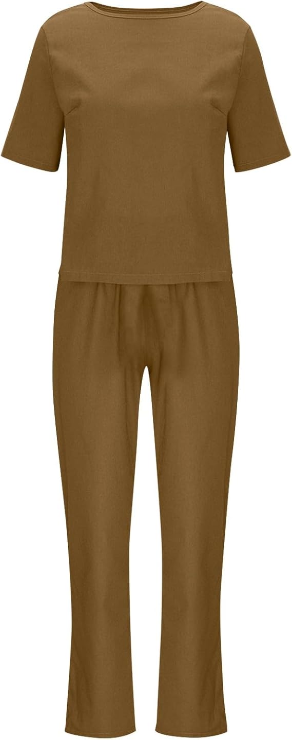 Two Piece Outfits Women Summer Tracksuits Linen Lounge Wear Sets Ladies Co Ords Round Neck Short Sleeve Tops and Trousers 2 Piece Jogger Outfit Casual Suit Vacation Travel Outfits Holiday Clothes