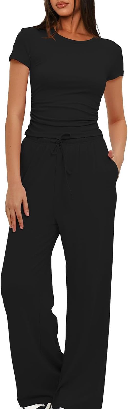 Women 2 Piece Set Outfit Summer Casual Tracksuit Short Sleeve Crop Tops and Drawstring High Elastic Waisted Wide Leg Pants Tracksuit Yoga Joggers Suit Lounge Wear Full Sets