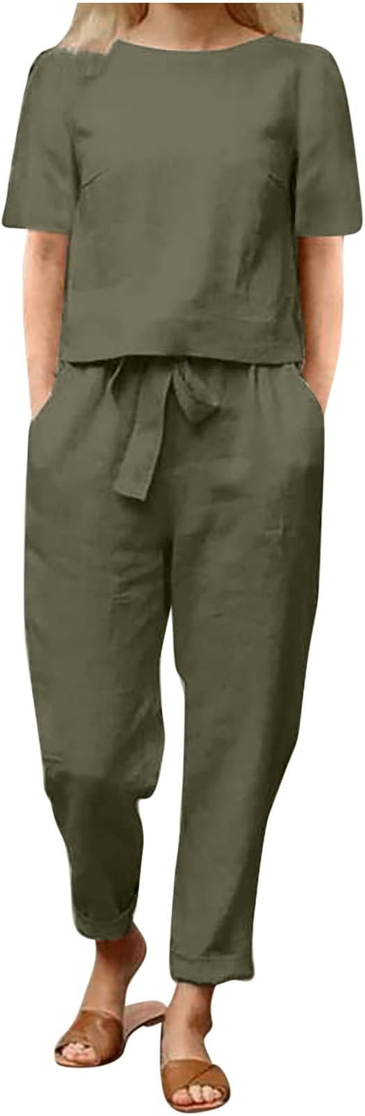 Two Piece Outfits Women Summer Tracksuits Linen Lounge Wear Sets Ladies Co Ords Round Neck Short Sleeve Tops and Trousers 2 Piece Jogger Outfit Casual Suit Vacation Travel Outfits Holiday Clothes