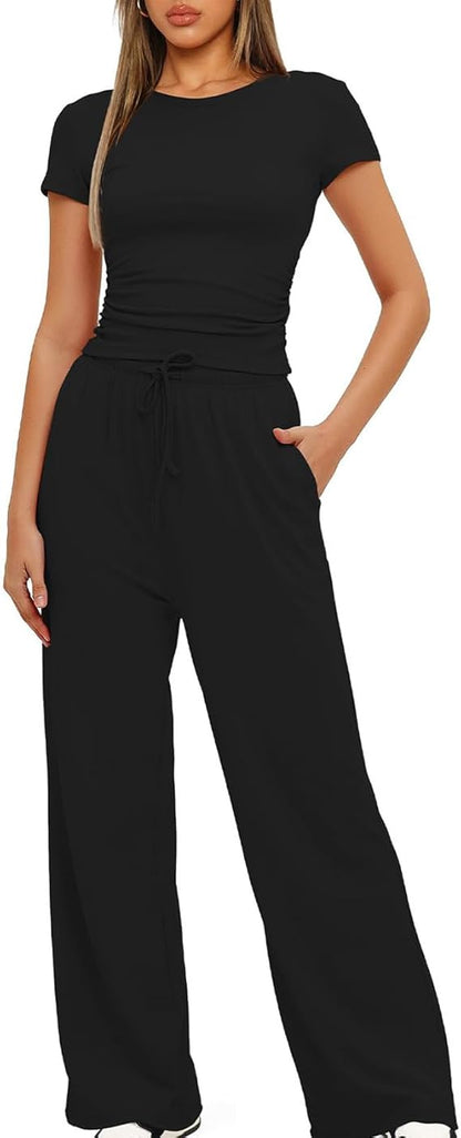 Women 2 Piece Set Outfit Summer Casual Tracksuit Short Sleeve Crop Tops and Drawstring High Elastic Waisted Wide Leg Pants Tracksuit Yoga Joggers Suit Lounge Wear Full Sets