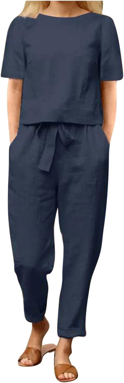 Two Piece Outfits Women Summer Tracksuits Linen Lounge Wear Sets Ladies Co Ords Round Neck Short Sleeve Tops and Trousers 2 Piece Jogger Outfit Casual Suit Vacation Travel Outfits Holiday Clothes