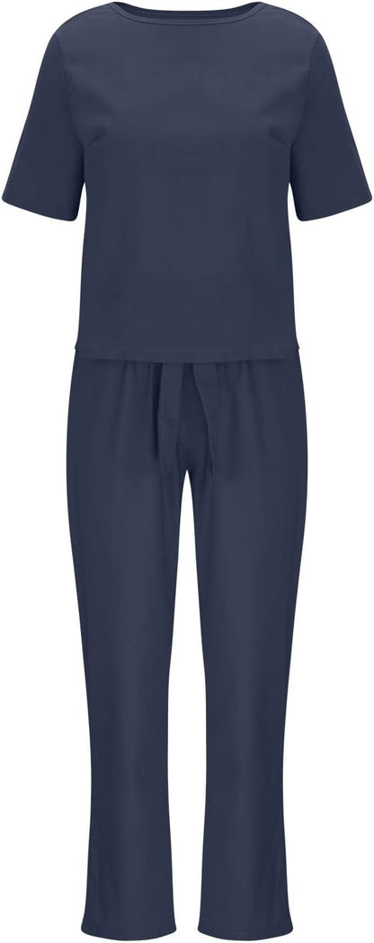 Two Piece Outfits Women Summer Tracksuits Linen Lounge Wear Sets Ladies Co Ords Round Neck Short Sleeve Tops and Trousers 2 Piece Jogger Outfit Casual Suit Vacation Travel Outfits Holiday Clothes