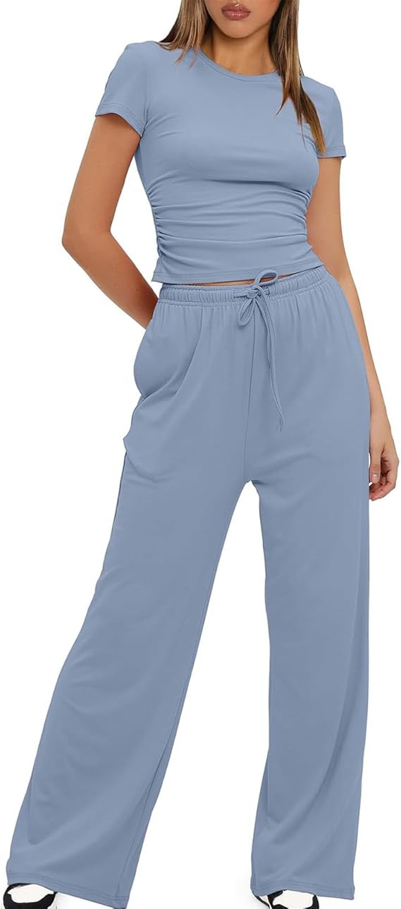 Women 2 Piece Set Outfit Summer Casual Tracksuit Short Sleeve Crop Tops and Drawstring High Elastic Waisted Wide Leg Pants Tracksuit Yoga Joggers Suit Lounge Wear Full Sets