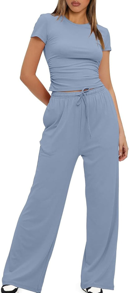 Women 2 Piece Set Outfit Summer Casual Tracksuit Short Sleeve Crop Tops and Drawstring High Elastic Waisted Wide Leg Pants Tracksuit Yoga Joggers Suit Lounge Wear Full Sets