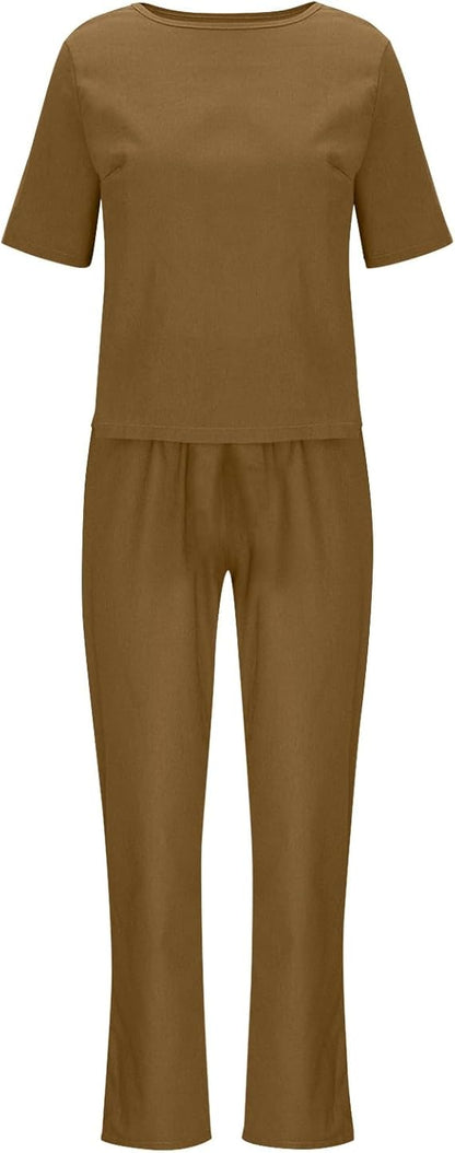 Two Piece Outfits Women Summer Tracksuits Linen Lounge Wear Sets Ladies Co Ords Round Neck Short Sleeve Tops and Trousers 2 Piece Jogger Outfit Casual Suit Vacation Travel Outfits Holiday Clothes